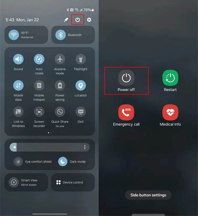 Sử dụng Quick Panel để tắt nguồn điện thoại Samsung