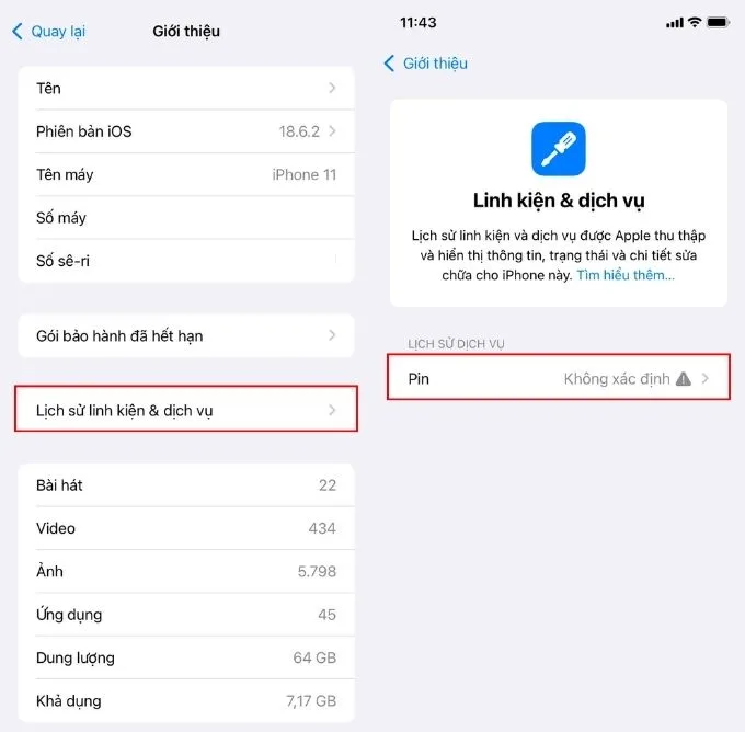 Kiểm tra lịch sử linh kiện và dịch vụ trên iPhone