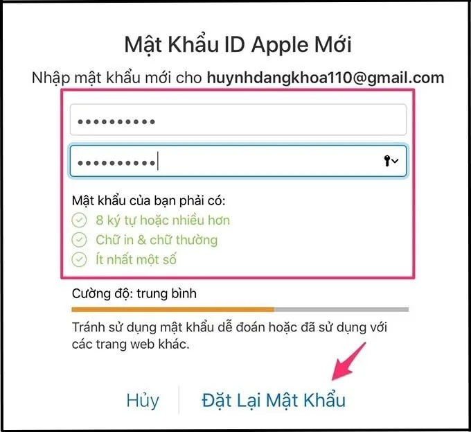 Nhập mật khẩu mới cho tài khoản iCloud
