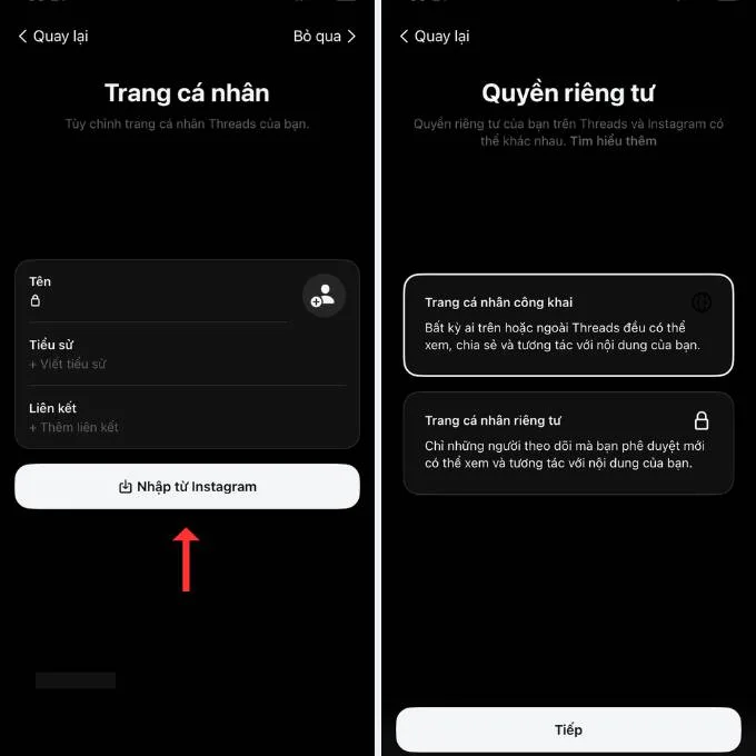 Nhập thông tin và chọn quyền riêng tư cho Threads