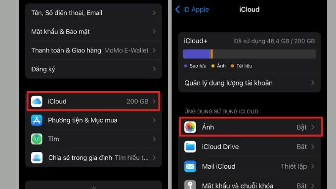 Chọn vào mục Ảnh trong iCloud