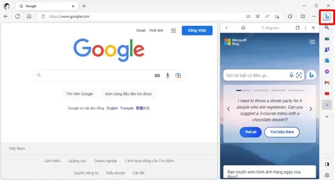 Nhấn vào biểu tượng bing trên trình duyệt Microsoft Edge