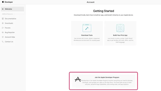 Nhấn vào liên kết “Join the Apple Developer Program”