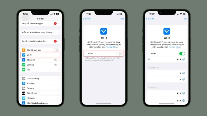 Vào mục Cài đặt, tìm chọn WiFi, tắt WiFi và kết nối lại