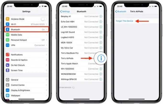 Chọn Quên thiết bị và kết nối lại