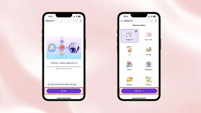 Nhấn vào lệnh Bắt đầu, chọn bộ sticker yêu thích rồi nhấn nút Tiếp tục