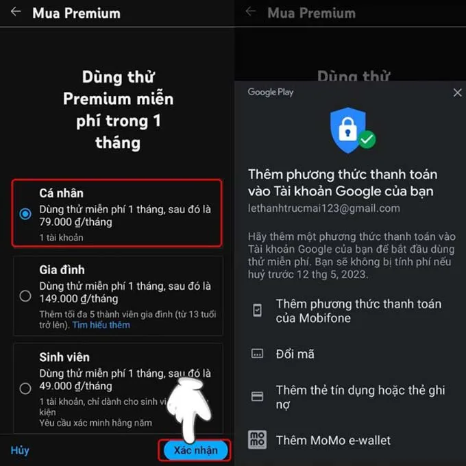 Thanh toán gói YouTube Premium trên điện thoại