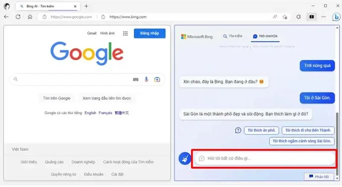 Nhập câu hỏi để trò chuyện với Bing AI trên máy tính