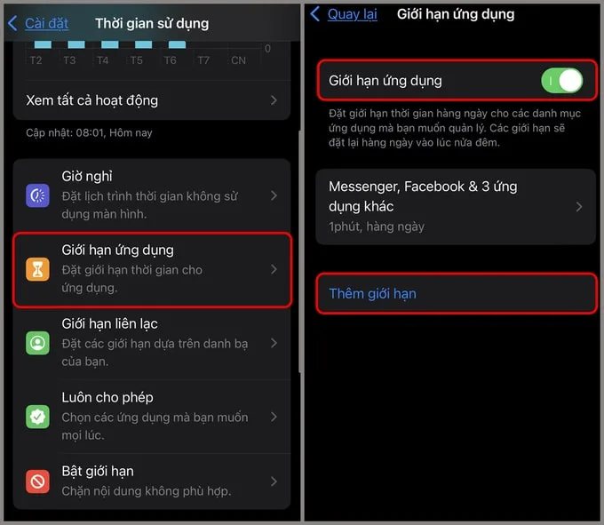 Chọn giới hạn ứng dụng để khóa ứng dụng trên iPhone 14