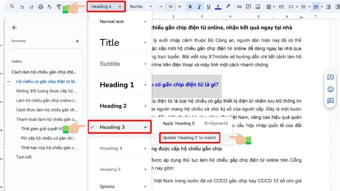 Bước 3 thay đổi định dạng tiêu đề trên Google Docs