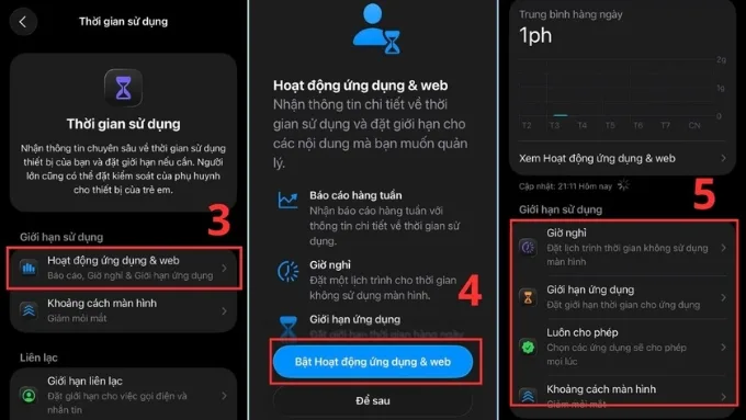 Nhấn vào Bật Thời gian sử dụng và chọn Hoạt động ứng dụng & web để kích hoạt tính năng theo dõi 