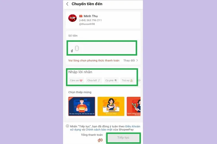 Chuyển tiền đến ví ShopeePay khác bằng số điện thoại
