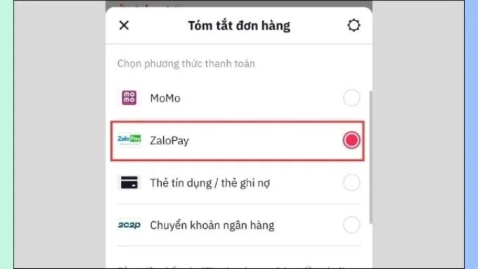 Chọn phương thức thanh toán Zalo Pay