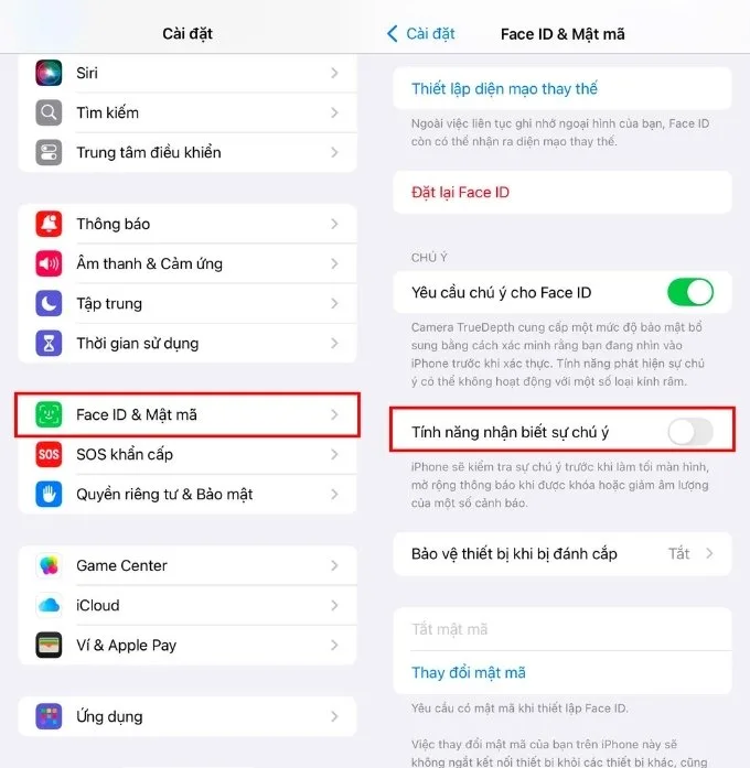 Tắt tính năng Nhận biết sự chú ý
