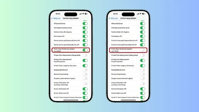 Trong phần WebKit Feature Flags, tìm tùy chọn Prefer Page Rendering Updates near 60fps