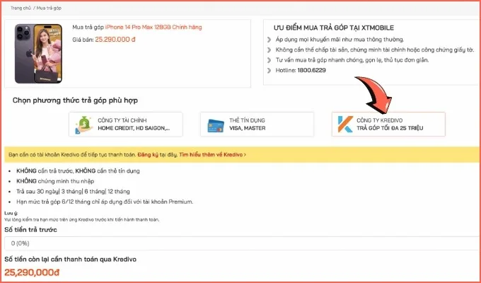 Chọn Kredivo là phương thức thanh toán trả góp tại XTmobile