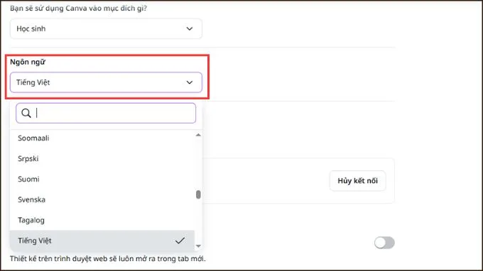 Chọn ngôn ngữ cần đổi trên Canva
