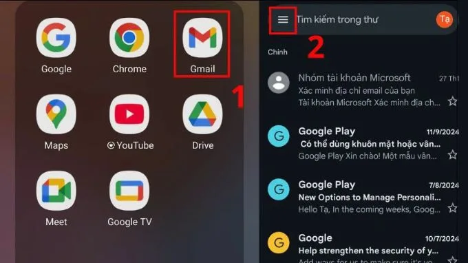 Mở úng dụng Gmail và chọn vào biểu tượng ba gạch