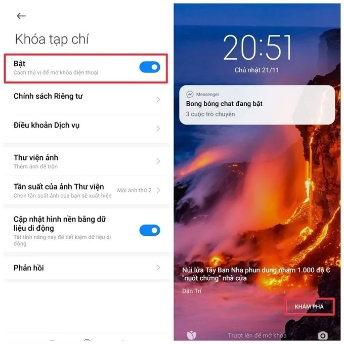 Tại mục Khóa tạp chí, bạn gạt nút tròn sang phải để bật hoặc sang trái để tắt 