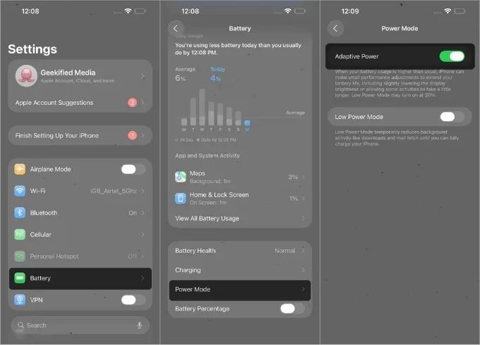 Cách bật chế độ Adaptive Power trên iPhone