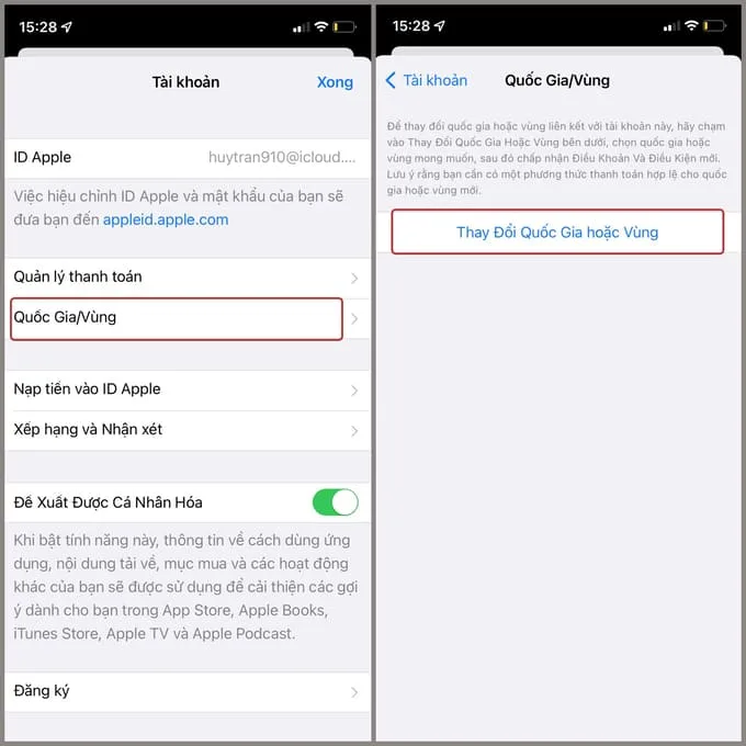 Bước 2: Chuyển Quốc gia/ Vùng