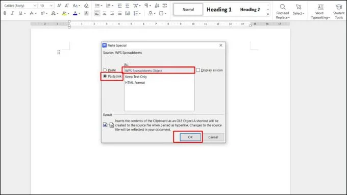Cách chèn bảng Excel vào Word bằng đối tượng liên kết