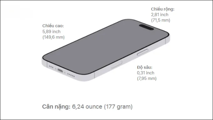 Phone 17 sở hữu kích thước tổng thể 149.6 x 71.5 x 7.8 mm và trọng lượng 178 gram