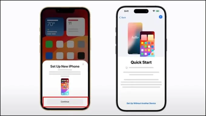 Chọn tiếp tục để chuyển dữ liệu sang iPhone 17 bằng QR code
