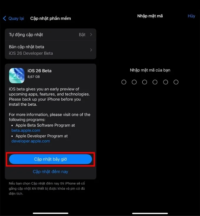 Khi bản iOS 26 beta xuất hiện, hãy nhấn nút Cài đặt bây giờ