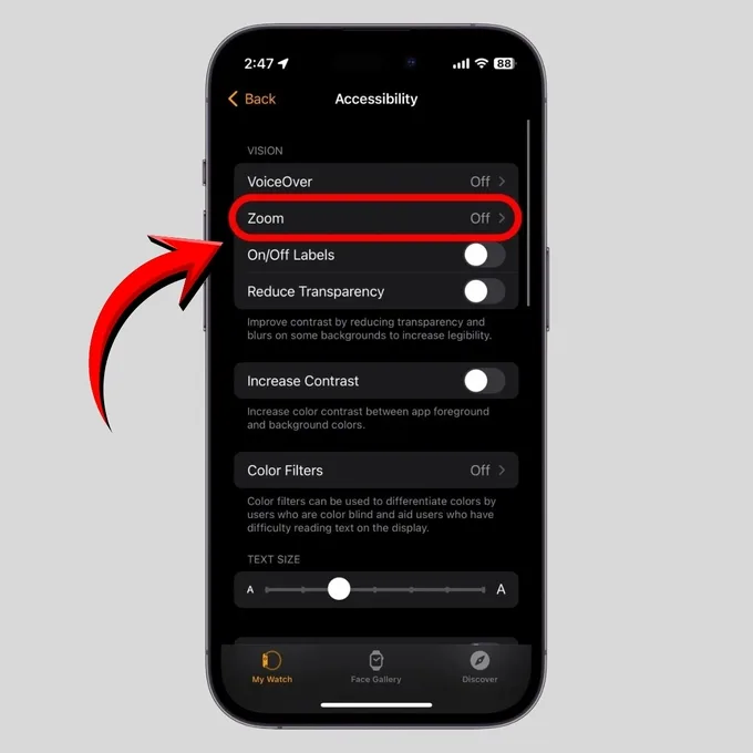 Tìm và nhấn vào mục Zoom (Thu phóng)