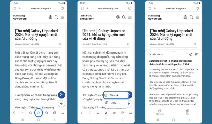 Nhận bản tóm tắt của trang web trên Galaxy S24 và Galaxy S23