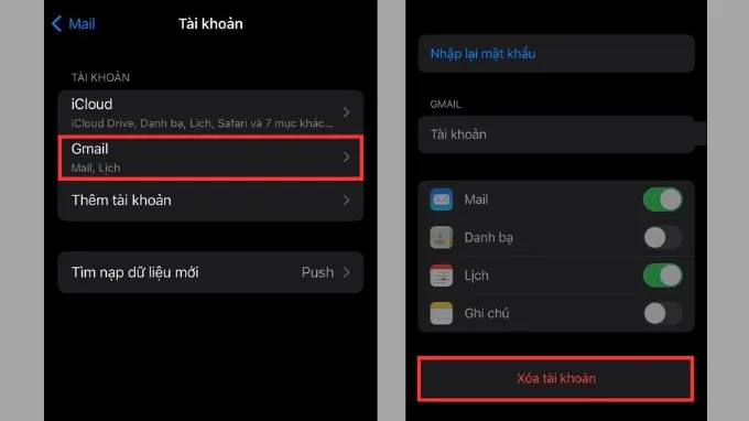 Chọn mục Gmail và nhấn xóa tài khoản để đăng xuất