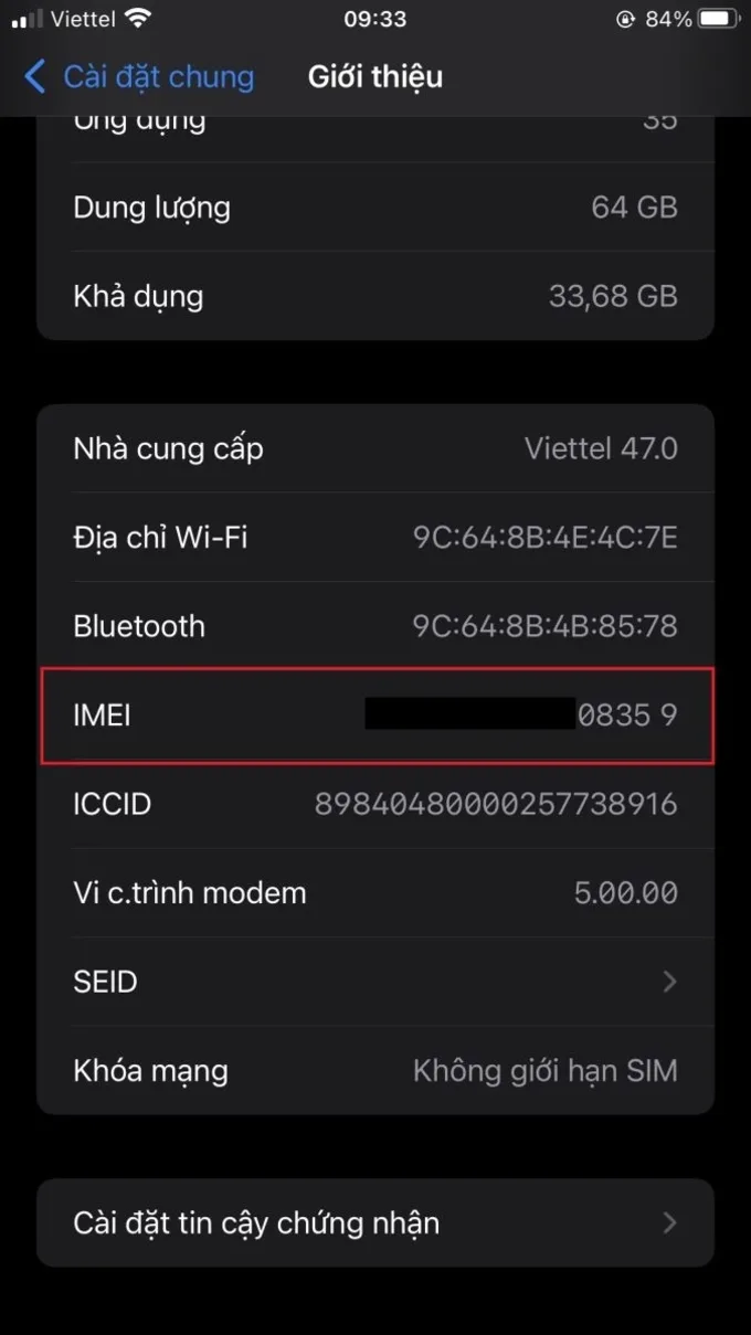 Kéo xuống phần IMEI để xem số IMEI của máy