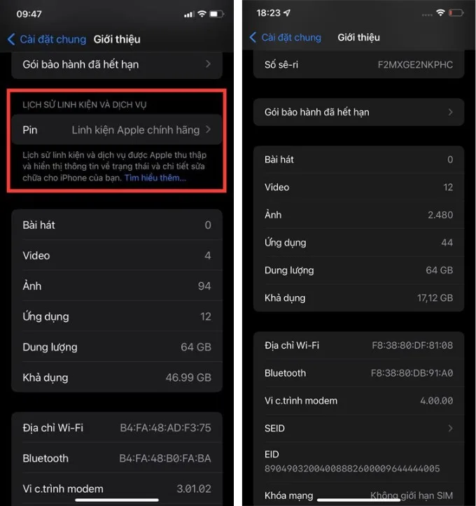 Kiểm tra iPhone bị thay linh kiện thông qua Cài đặt