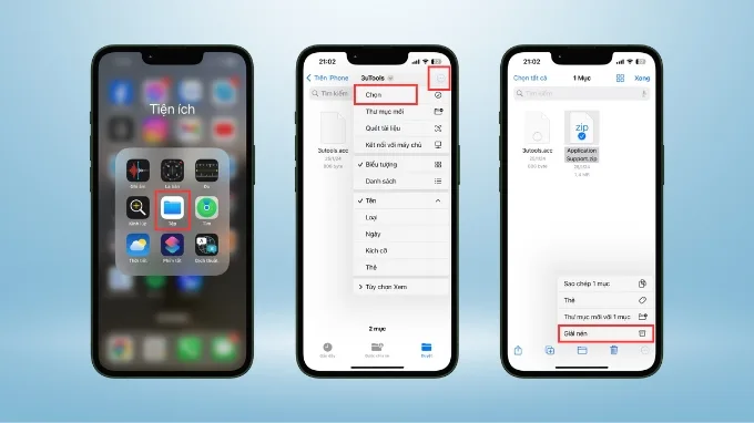 Nhấn vào nút Chọn, nhấn tiếp lệnh Giải nén files