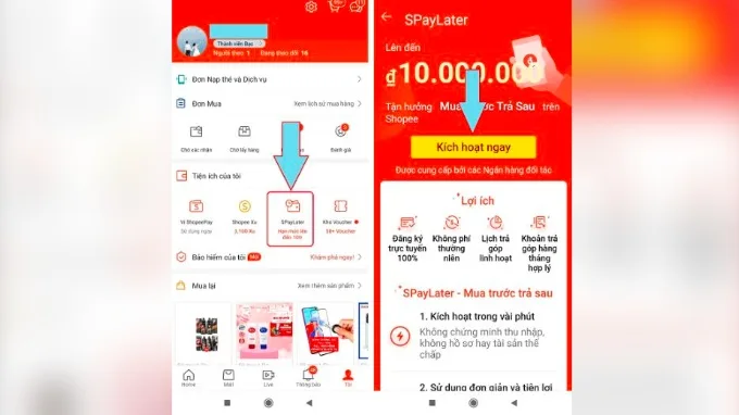 Bước 1 kích hoạt Spaylater