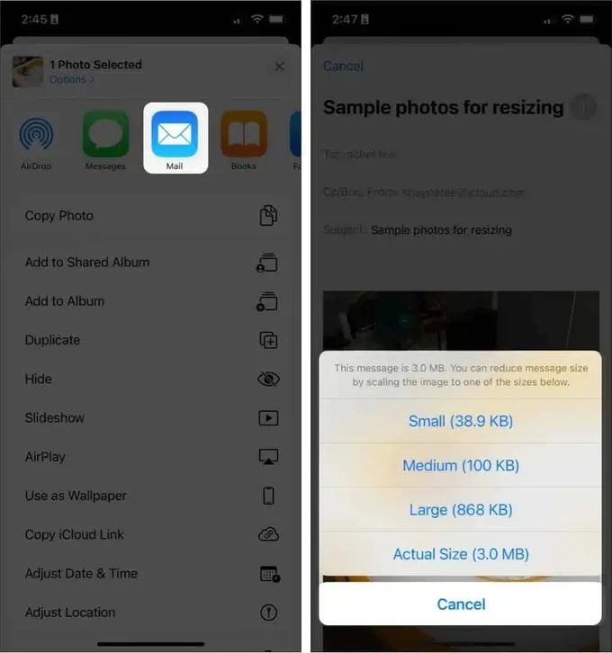 Dùng ứng dụng Mail là cách giảm dung lượng ảnh trên iPhone