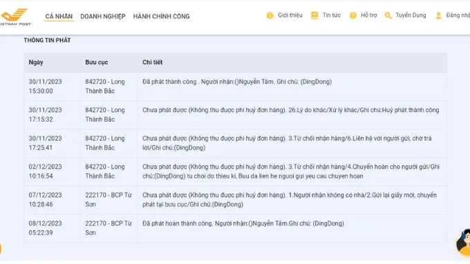 Hệ thống sẽ trả về kết quả chi tiết của quá trình vận chuyển đơn hàng