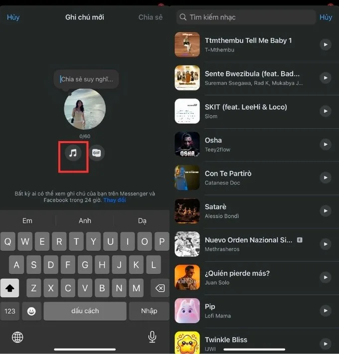 Cách để nhạc trên ghi chú Messenger