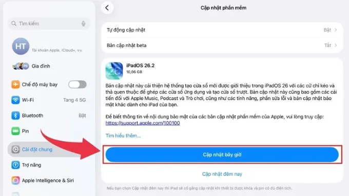 Cập nhật phiên bản iOS mới nhất để khắc phục iPad không nhận SIM