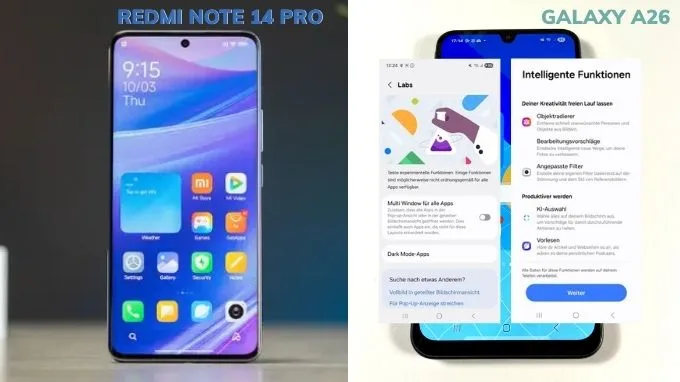 Xiaomi Redmi Note 14 Pro và Samsung Galaxy A26 so sánh phần mềm