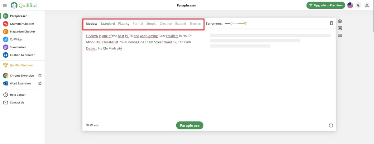 Hướng dẫn sử dụng Quillbot trên website