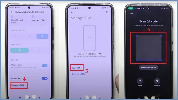 Chọn thêm eSIM và quét mã QR từ nhà cung cấp dịch vụ