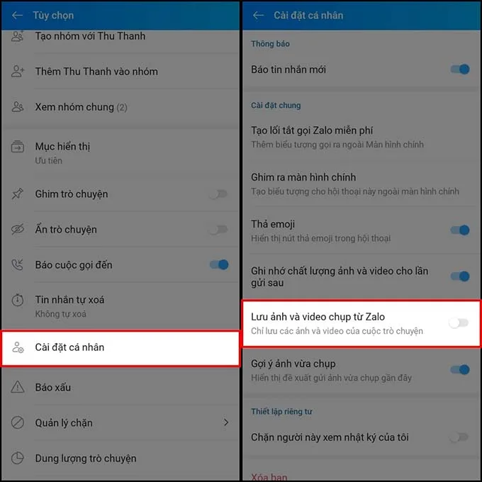Cách tắt tự lưu ảnh trên Zalo trong từng hội thoại