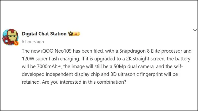 Thông số kỹ thuật dự kiến của iQOO Neo 10s