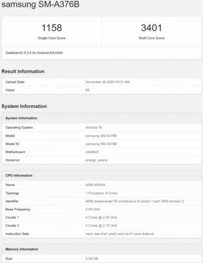 Galaxy A37 xuất hiện trên Geekbench với chip Exynos 1480