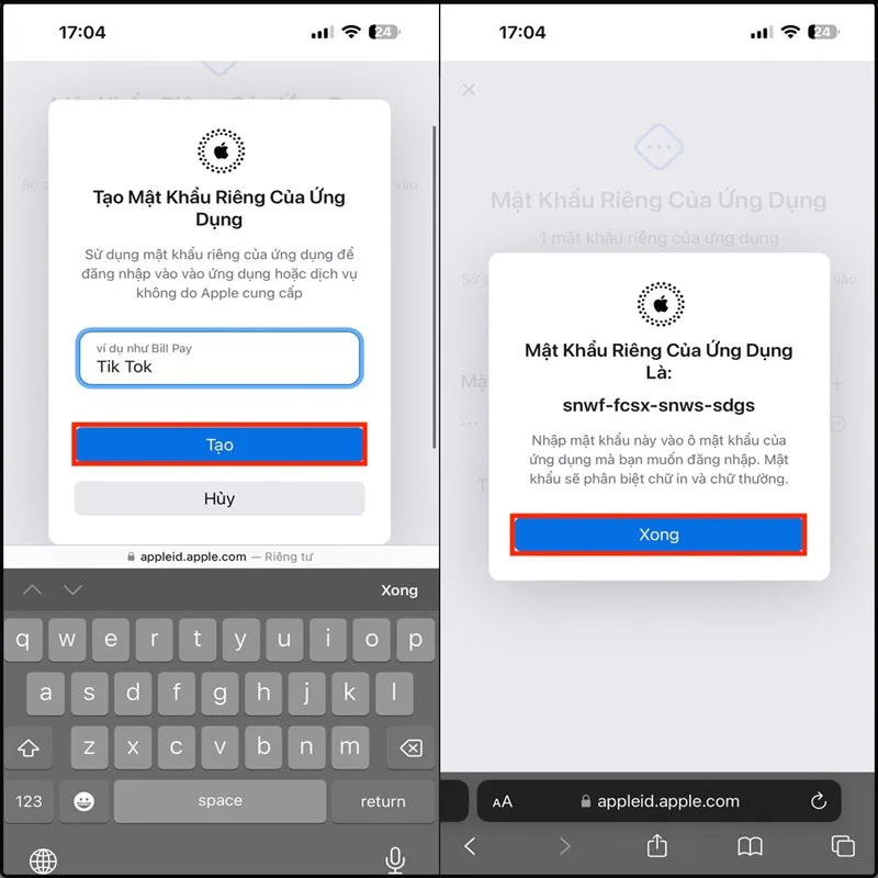 Bước 2 tạo mật khẩu trong ID Apple
