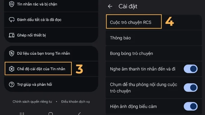 Lướt xuống và chọn Chế độ Cài đặt của Tin nhắn 