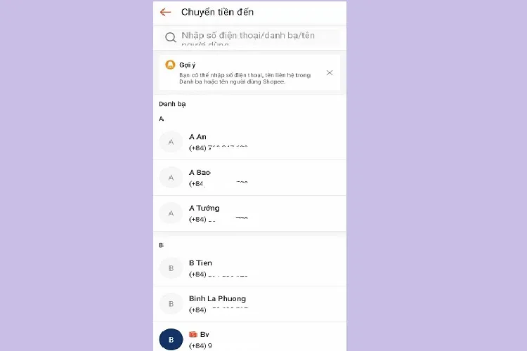 Chuyển tiền đến ví ShopeePay khác bằng số điện thoại