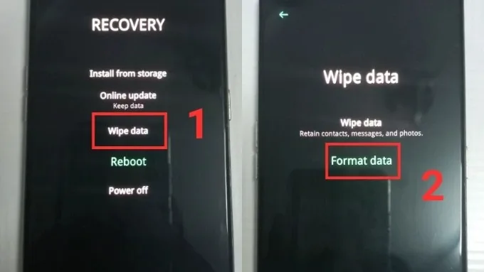 Chọn Wipe data trên màn hình và tiếp tục chọn Format data